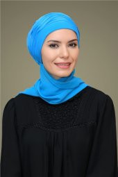 Mavi Pratik Hazır Geçmeli Tesettür Bone Sandy Kumaş İncili Nervürlü Güllü Atkılı 1805A_34 - 1