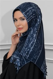 Lacivert Pratik Hazır Geçmeli Tesettür Eşarp Kesik Elyaf Piliseli Çizgili Desenli 1818D2_02 - 1