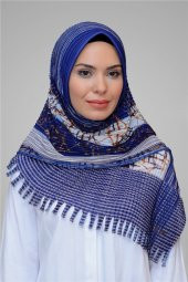 Lacivert Pratik Hazır Geçmeli Tesettür Eşarp Kesik Elyaf Piliseli Çiçek Desenli 1818D4_02 thumbnail 1