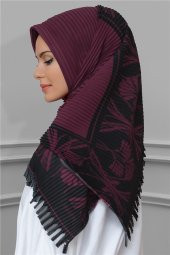 Bordo Pratik Hazır Geçmeli Tesettür Eşarp Kesik Elyaf Piliseli Çiçek Desenli 1818D3_16 - 1