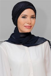 Lacivert Pratik Hazır Geçmeli Tesettür Bone Fukuro Piliseli Örgülü Şifon Atkılı 1825A_02 - 1