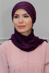 Mürdüm Pratik Hazır Geçmeli Tesettür Bone Fukuro Piliseli Örgülü Şifon Atkılı 1825A_07 - 1