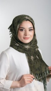 Haki Pratik Hazır Geçmeli Tesettür Eşarp Kesik Elyaf Piliseli Çiçek Desenli 1818D6_09 - 1