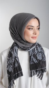 Füme Pratik Hazır Geçmeli Tesettür Eşarp Kesik Elyaf Piliseli Çiçek Desenli 1818D3_25 - 2