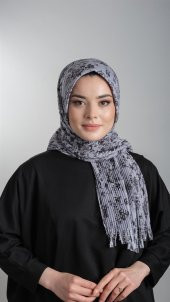 Gri Pratik Hazır Geçmeli Tesettür Eşarp Kesik Elyaf Piliseli Çiçek Desenli 1818D6_15 - 1