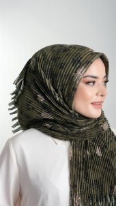 Haki Pratik Hazır Geçmeli Tesettür Eşarp Kesik Elyaf Piliseli Çiçek Desenli 1818D6_09 - 2