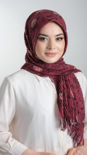 Bordo Pratik Hazır Geçmeli Tesettür Eşarp Kesik Elyaf Piliseli Çiçek Desenli 1818D6_16 - 1
