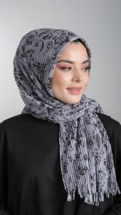 Gri Pratik Hazır Geçmeli Tesettür Eşarp Kesik Elyaf Piliseli Çiçek Desenli 1818D6_15 - 2