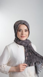 Antrasit-Gold Pratik Hazır Geçmeli Tesettür Eşarp Kesik Elyaf Piliseli Çiçek Desenli 1818D6_2502 - 1