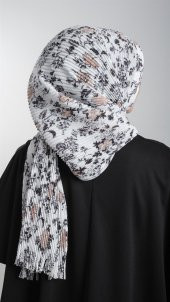 Krem-Siyah Pratik Hazır Geçmeli Tesettür Eşarp Kesik Elyaf Piliseli Çiçek Desenli 1818D6_4001 - 2