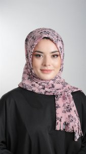 Pudra-Siyah Pratik Hazır Geçmeli Tesettür Eşarp Kesik Elyaf Piliseli Çiçek Desenli 1818D6_601 - 1