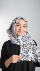 Krem-Siyah Pratik Hazır Geçmeli Tesettür Eşarp Kesik Elyaf Piliseli Çiçek Desenli 1818D6_4001 - 3