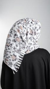 Krem-Siyah Pratik Hazır Geçmeli Tesettür Eşarp Kesik Elyaf Piliseli Çiçek Desenli 1818D6_4001 - 5