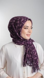 Mürdüm Pratik Hazır Geçmeli Tesettür Eşarp Kesik Elyaf Piliseli Çiçek Desenli 1818D7_07 - 2