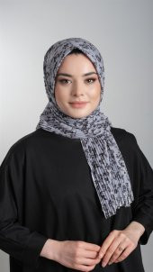 Gri Pratik Hazır Geçmeli Tesettür Eşarp Kesik Elyaf Piliseli Çiçek Desenli 1818D7_15 - 1