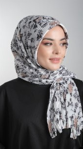 Krem-Siyah Pratik Hazır Geçmeli Tesettür Eşarp Kesik Elyaf Piliseli Çiçek Desenli 1818D6_4001 - 6