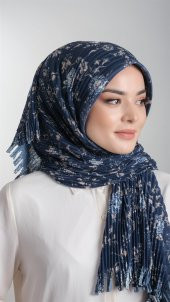 Lacivert-Vizon Pratik Hazır Geçmeli Tesettür Eşarp Kesik Elyaf Piliseli Çiçek Desenli 1818D6_210 - 2