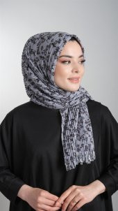 Gri Pratik Hazır Geçmeli Tesettür Eşarp Kesik Elyaf Piliseli Çiçek Desenli 1818D7_15 - 2