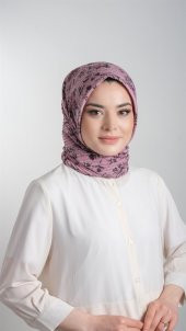 Gül Kurusu Pratik Hazır Geçmeli Tesettür Eşarp Kesik Elyaf Piliseli Çiçek Desenli 1818D6_18 - 1