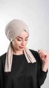 Bej Pratik Hazır Geçmeli Tesettür Bone Kesik Elyaf Sade 2111_12 - 3
