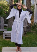 Kimono - Nakışlı Beyaz %100 Keten Plaj Elbisesi - 9