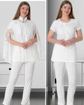Mecit 5803 Ekru Dantel Pelerinli Şık Hamile Lohusa 3 LÜ Pijama Tk - 1