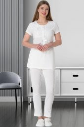 Mecit 5803 Ekru Dantel Pelerinli Şık Hamile Lohusa 3 LÜ Pijama Tk - 6