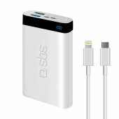 Sbs İntelligent Fast Charge 10.000mAh 2xUsbA + Type-C Çıkışlı Led Göstergeli 2M Type-C to Lightning Kablolu Powerbank Beyaz - 1