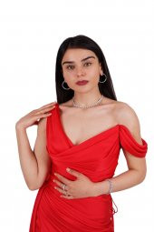 Kırmızı Tek Omuz Saten Abiye Elbise - 5
