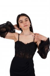 Siyah Straplez Yırtmaçlı Abiye Elbise - 3