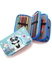 Kalem Kutusu Panda Kawai Organizer Kalemkutu Vegan Deri Üç Bölmeli Kalemlik-Mavi - 3
