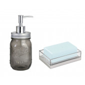 ZBOSP-C385 GRİ CAM SIVI SABUNLUK VE AKRİLİK  SABUNLUK 2 Lİ BANYO SETİ - 1