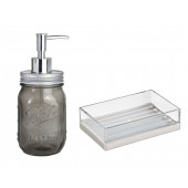 ZBOSP-C385 GRİ CAM SIVI SABUNLUK VE AKRİLİK  SABUNLUK 2 Lİ BANYO SETİ - 2