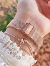 R.VR1020 Bayan Rose Gold Özel Vintage Retro Model Swarovski Taşlı Çelik Bayan Kol Saati+Bileklik - 3