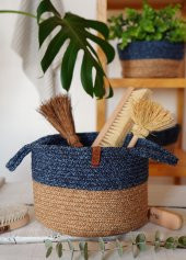 The Mia SPT0038 Jutte Kulplu Yuvarlak Sepet Bambu Lacivert 25x20 CM - 1