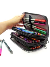 Kalem Kutusu Black Pink Organizer Kalemkutu Vegan Deri Üç Bölmeli Kalemlik-Siyah thumbnail 4