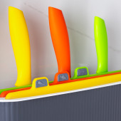 1076 3 Bıçaklı Antrasit-Beyaz Standlı Çoklu Kesme Tahtası Seti - Plastik Kırmızı Et Balık Sebze Beyaz Et - 3