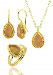 Güneş Taşı Serisi Sarma Damla Kesim Siyah Renkli Oniks 22 Ayar Altın Kaplama Kadın Üçlü Set 925 Ayar Gümüş Zincirli - 1