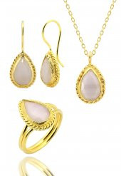 Güneş Taşı Serisi Sarma Damla Kesim Beyaz Renkli Oniks 22 Ayar Altın Kaplama Kadın Üçlü Set 925 Ayar Gümüş Zincirli - 1