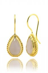 Güneş Taşı Serisi Sarma Damla Kesim Beyaz Renkli Oniks 22 Ayar Altın Kaplama Kadın Üçlü Set 925 Ayar Gümüş Zincirli - 3