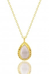 Güneş Taşı Serisi Sarma Damla Kesim Beyaz Renkli Oniks 22 Ayar Altın Kaplama Kadın Üçlü Set 925 Ayar Gümüş Zincirli - 4