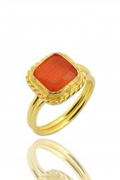 Güneş Taşı Serisi Sarma Kare Kesim Turuncu Renkli 22 Ayar Altın Kaplama Kadın Üçlü Set 925 Ayar Gümüş Zincirli - 4