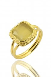 Güneş Taşı Serisi Sarma Kare Kesim Sarı Renkli 22 Ayar Altın Kaplama Kadın Üçlü Set 925 Ayar Gümüş Zincirli - 2