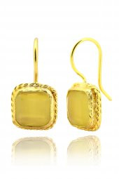 Güneş Taşı Serisi Sarma Kare Kesim Sarı Renkli 22 Ayar Altın Kaplama Kadın Üçlü Set 925 Ayar Gümüş Zincirli - 3