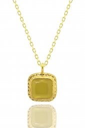 Güneş Taşı Serisi Sarma Kare Kesim Sarı Renkli 22 Ayar Altın Kaplama Kadın Üçlü Set 925 Ayar Gümüş Zincirli - 4
