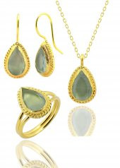 Güneş Taşı Serisi Sarma Damla Kesim Mavi Renkli Oniks 22 Ayar Altın Kaplama Kadın Üçlü Set 925 Ayar Gümüş Zincirli - 1