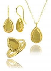 Güneş Taşı Serisi Sarma Damla Kesim Renkli Oniks 22 Ayar Altın Kaplama Kadın Üçlü Set 925 Ayar Gümüş Zincirli - 1