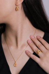 Güneş Taşı Serisi Sarma Damla Kesim Renkli Oniks 22 Ayar Altın Kaplama Kadın Üçlü Set 925 Ayar Gümüş Zincirli - 5