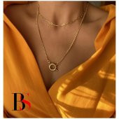 Altın Kaplama Halka Kilit & Zincir İkili Kadın Choker  Kolye - 1