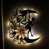 Veraart Epoksili Ahşap Çiçekli  Aydaki Peri Figürlü Duvar Dekorlu Gece Lambası  48 cm - 1